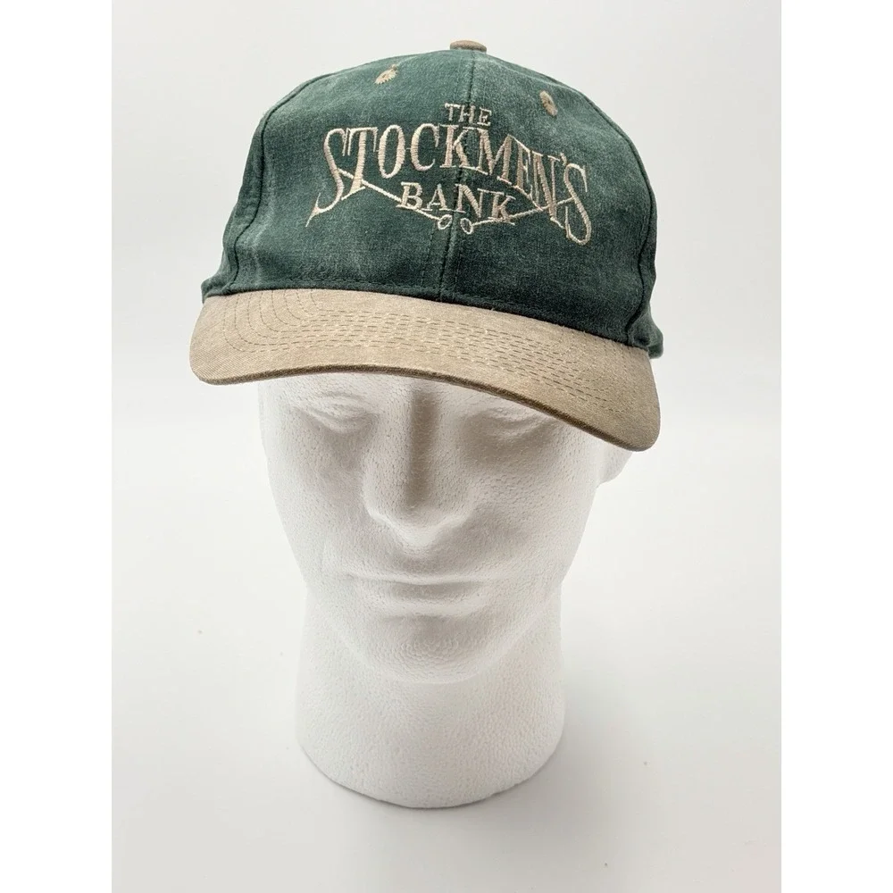The Stockmens Bank Vintage Green Tan Hat Strapback Kati